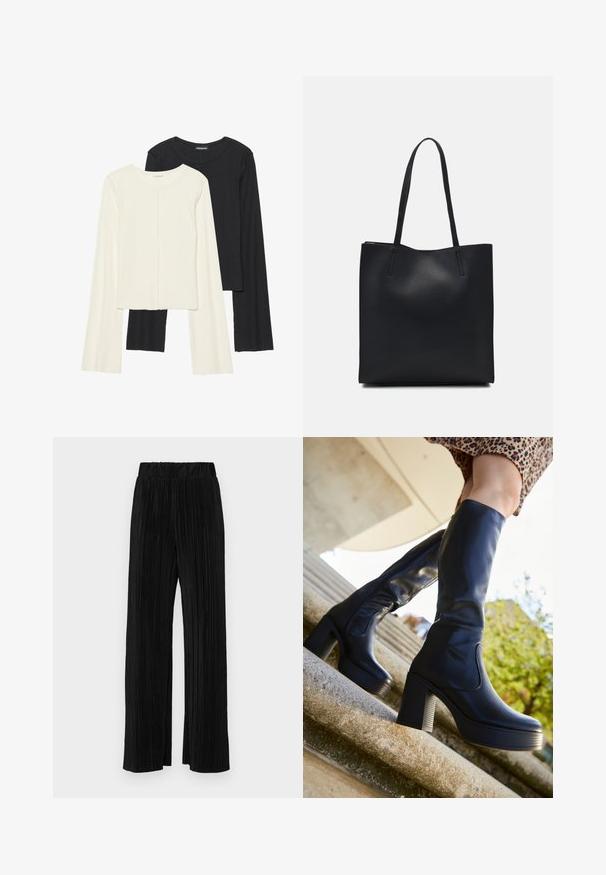Set of two long-sleeve tops in white and black. Ribbed texture, round neck, fitted design with slightly flared sleeves.; Black pleated trousers with an elastic waistband. Features wide legs and a smooth, textured fabric with vertical stripes.; mtng NEW - Platform boots - black; Black leather tote bag with smooth texture, rectangular shape, and two long handles. No visible hardware or embellishments.
