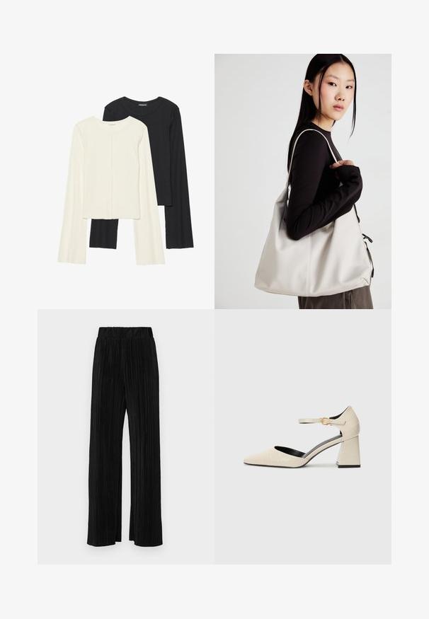 Set od dvije duge majice s dugim rukavima u bijeloj i crnoj boji. Rebrasta tekstura, okrugli izrez, uski kroj s blago raširenim rukavima.; Crne plisirane hlače s elastičnim pojasom. Imaju široke nogavice i glatku, teksturiranu tkaninu s vertikalnim prugama.; Bež cipele od umjetne kože s blok petom, špicastim vrhom, kaišom oko gležnja i suptilnim detaljima u teksturi krokodila. Crna unutrašnjost.; Bežna torba od mekog materijala s opuštenim dizajnom, šivanim detaljima i dva remena za rame. Pogodna za svakodnevnu upotrebu.