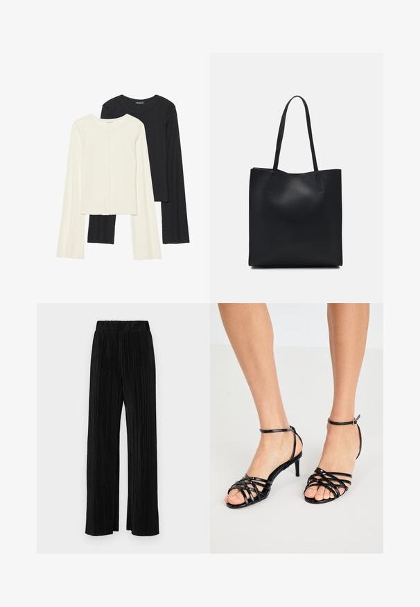 Set of two long-sleeve tops in white and black. Ribbed texture, round neck, fitted design with slightly flared sleeves.; Black pleated trousers with an elastic waistband. Features wide legs and a smooth, textured fabric with vertical stripes.; Black strappy high-heel sandals with glossy texture. Ankle strap with buckle. Open toe design featuring crisscross detailing.; Black leather tote bag with smooth texture, rectangular shape, and two long handles. No visible hardware or embellishments.