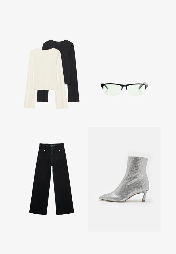 Sæt med to langærmede toppe i hvid og sort. Ribbet tekstur, rund halsudskæring, tætsiddende design med let udvidede ærmer.; Sorte vidde jeans med høj talje, der har to forlommer og metalknapdetaljer. Stoffet har en glat tekstur.; Sølv ankelstøvle med en tekstureret, netlignende overflade, spids tå og en lav, struktureret hæl. Har en glat indvendig foring.; Sorte rektangulære briller med klare linser, der har slanke sorte stel og grå transparente brillestænger. Minimalistisk design, ingen synlig branding.; Sort læder tote bag med et buet håndtag, forlænget trekantet form og glat tekstur. Har et minimalistisk design uden synligt hardware.
