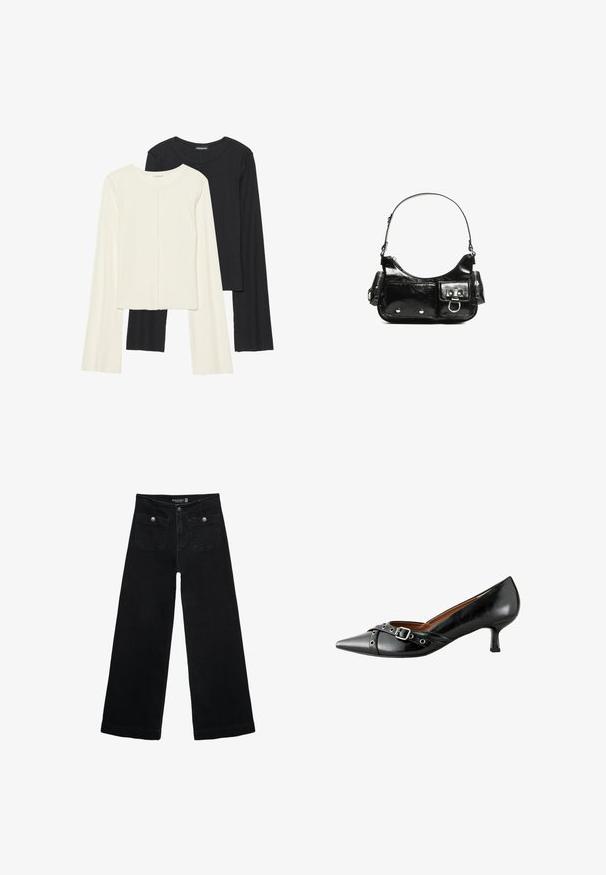 Ensemble de deux hauts à manches longues en blanc et noir. Texture côtelée, col rond, design ajusté avec des manches légèrement évasées.; Jean's larges noires avec taille haute, dotés de deux poches avant et d'accents en métal sur les boutons. Le tissu a une texture lisse.; Pompe en cuir noir à bout pointu, avec un talon courbé et une boucle décorative. Présente une texture lisse et une sangle contrastante avec des accents métalliques.; Sac à main en cuir verni noir avec une forme incurvée, une bandoulière, des poches avant et des accents en métal argenté.