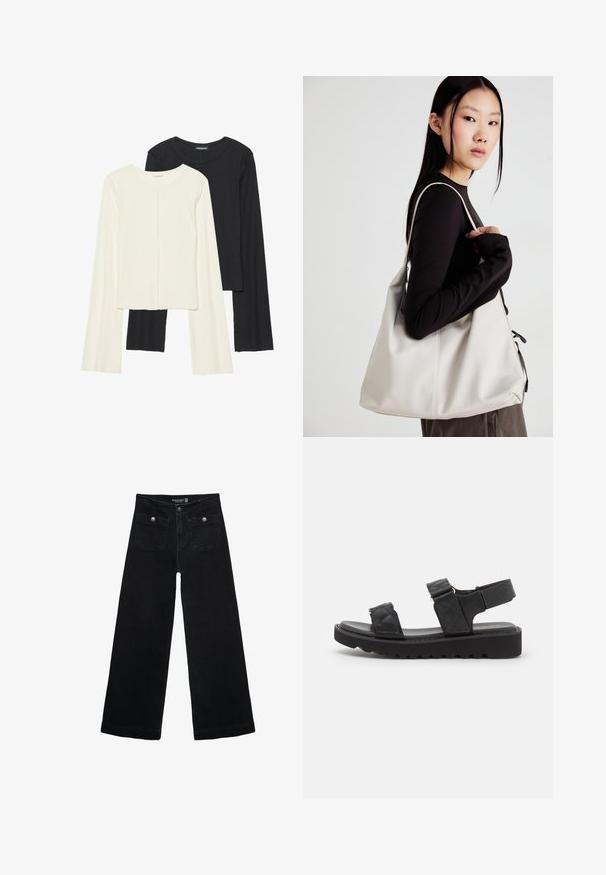 Nabor dveh dolgih rokavov v beli in črni barvi. Žameten vzorec, okrogla ovratnica, prilegajoča zasnova z rahlo razširjenimi rokavi.; Črne široke kavbojke z visokim pasom, ki imajo dva sprednja žepa in kovinske gumbi. Tkanina ima gladko teksturo.; Črne platform sandale s kviltiranimi trakovi, odprti toe in nastavljivim zapestjem. Teksturiran gumijast podplat s cik-cak vzorcem za dober oprijem.; Bežna torbica iz mehkega materiala, z ohlapno zasnovo, šivi in dvema naramnicama. Primerna za vsakodnevno uporabo.