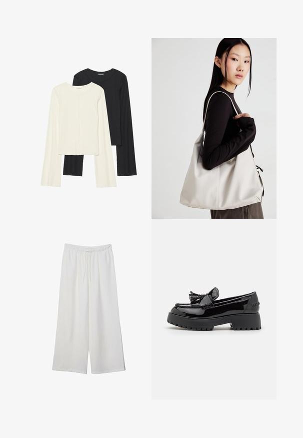 Souprava dvou dlouhých rukávů v bílé a černé barvě. Hladká textura, kulatý výstřih, upnutý střih s mírně rozšířenými rukávy.; Bílé kalhoty s širokými nohavicemi vyrobené z lehké tkaniny, s elastickým pasem a stahovací šňůrkou pro nastavitelnou velikost. Hladká textura.; Černé lakované kožené loafers s robustní podrážkou, které mají ozdobné třásně a tkané detaily na svršku. Hladký povrch po celé ploše.; Beige kabelka vyrobená z měkkého materiálu, s volným designem, prošívanými detaily a dvěma ramenními popruhy. Vhodná pro každodenní použití.