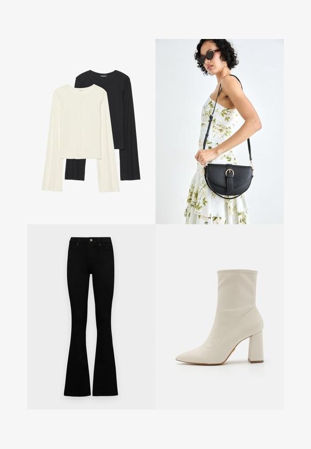 Divu garo piedurkņu tops komplekts baltā un melnā krāsā. Ribota tekstūra, apaļš kakls, pieguļoša dizaina ar nedaudz izplestām piedurknēm.; Melni augsta jostas šorti ar pogu un rāvējslēdzēju, priekšējām kabatām un izplestām kājām, nolikti uz balta fona.; ALDO FIGTREE PILLOW WALK - Augstpapēžu puszābaki - white/bone; Melnas ādas rokassoma ar izliekta formu, noņemamu siksnu un zelta aksesuāriem. Somai ir vāciņš ar sprādzes detaļu.