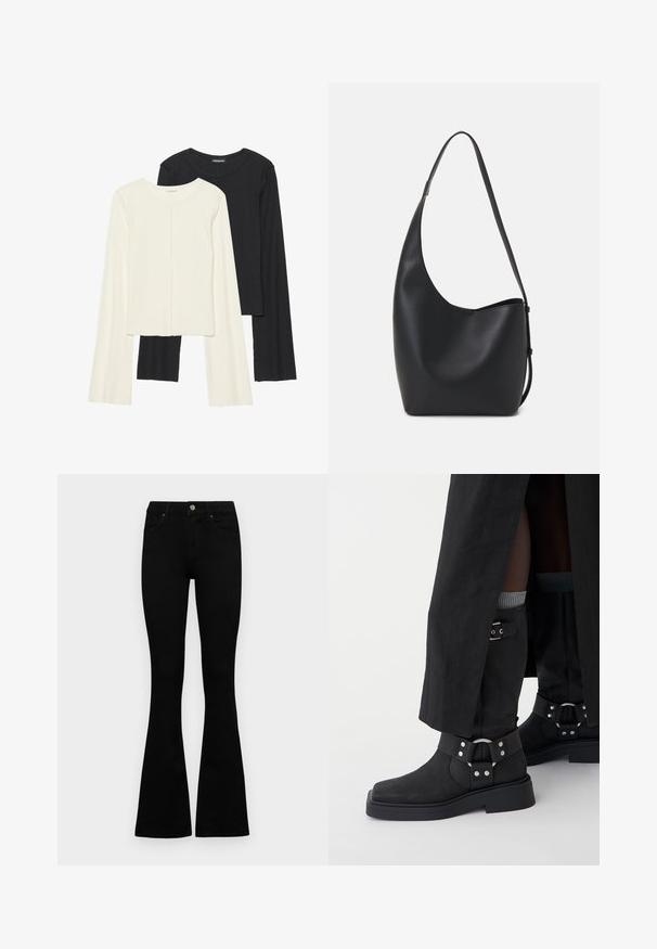 Dviejų ilgomis rankovėmis marškinėlių rinkinys, baltas ir juodas. Raukšlėta tekstūra, apvalus kaklas, prigludusi forma su šiek tiek platėjančiomis rankovėmis.; Juodos aukšto liemens džinsai su mygtuku ir užtrauktuku, priekinėmis kišenėmis ir platėjančiomis kojomis, išdėstyti ant baltos fono.; Juodos odinės aulinės botai su matinio paviršiaus, kvadratiniais pirštais ir dekoratyvinėmis sagtelėmis. Padas storas ir tekstūruotas.; Juodas odinis hobo maišas su lygiu paviršiumi, kreipta forma ir viena reguliuojama rankena; turi platų atidarymą viršuje.