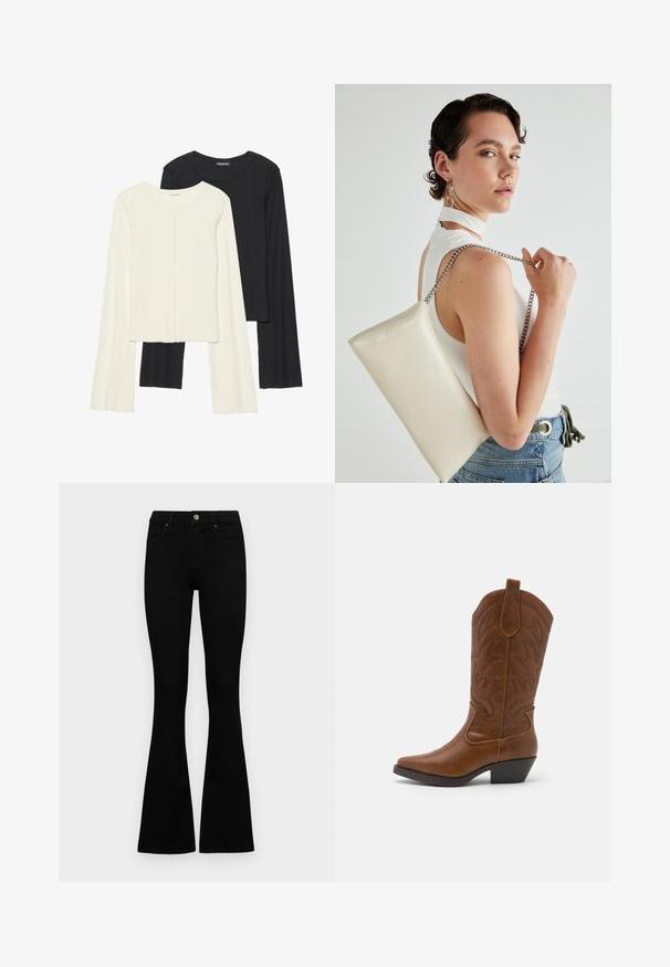 Dviejų ilgomis rankovėmis marškinėlių rinkinys, baltas ir juodas. Raukšlėta tekstūra, apvalus kaklas, prigludusi forma su šiek tiek platėjančiomis rankovėmis.; Juodos aukšto liemens džinsai su mygtuku ir užtrauktuku, priekinėmis kišenėmis ir platėjančiomis kojomis, išdėstyti ant baltos fono.; ONLY SHOES ONLBRONCO - Kaubojiški / motociklininko stiliaus batai - brown; Balta, stačiakampio formos rankinė pagaminta iš blizgaus medžiagos, su sidabriniu virvute. Modelis pozavo, demonstruodamas rankinę prieš paprastą foną.