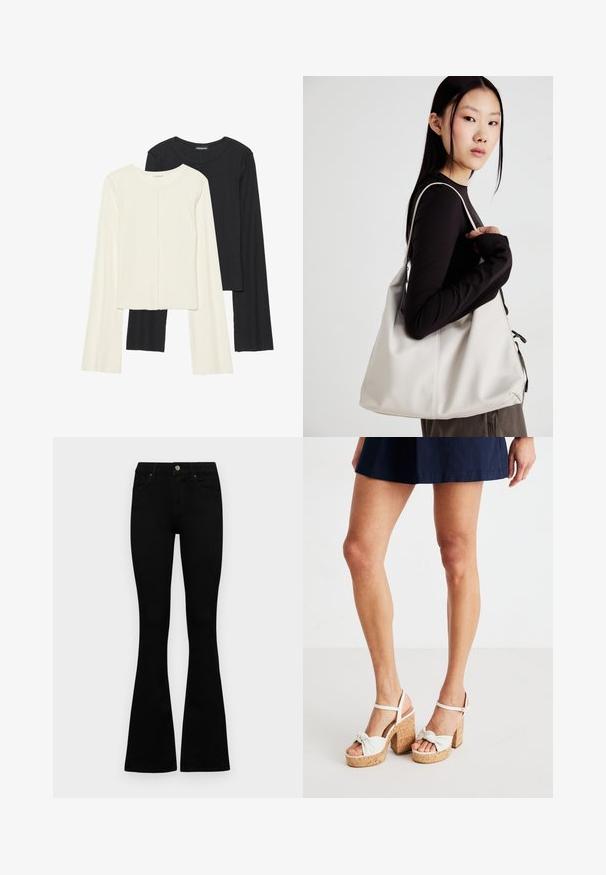 Ensemble de deux hauts à manches longues en blanc et noir. Texture côtelée, col rond, design ajusté avec des manches légèrement évasées.; Jean noir taille haute avec fermeture à bouton et à zip, poches avant et jambes évasées, posés à plat sur un fond blanc.; Sandales à plateforme blanches avec base en liège, design avant noué et bride de cheville pour un maintien optimal. Texture lisse avec un solide talon bloc.; Sac à main beige en matériau souple, avec un design décontracté, des détails cousus et deux poignées. Idéal pour un usage quotidien.