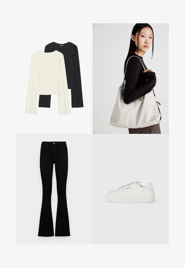 Set van twee longsleeve tops in wit en zwart. Geribbelde textuur, ronde hals, aansluitend ontwerp met licht uitlopende mouwen.; Zwarte hoge taille jeans met een knoop- en ritssluiting, voorzakken en een flared pijp, plat gelegd op een witte achtergrond.; Witte lage sneaker met vetersluiting, geperforeerde details en "CPNHGN" bedrukt aan de zijkant, op een effen witte achtergrond.; Beige handtas gemaakt van zacht materiaal, met een slonzig ontwerp, gestikte details en twee schouderbanden. Geschikt voor dagelijks gebruik.