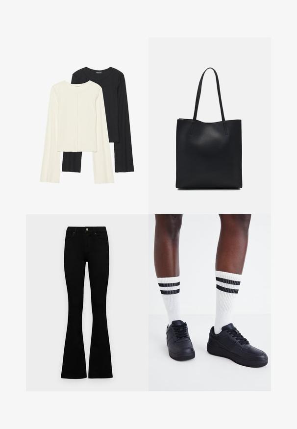 Souprava dvou dlouhých rukávů v bílé a černé barvě. Hladká textura, kulatý výstřih, upnutý střih s mírně rozšířenými rukávy.; Černé vysoké džíny s knoflíkem a zipovým zapínáním, předními kapsami a rozšířenými nohavicemi, ležící na bílé podložce.; Černé kožené tenisky s texturovaným povrchem, doplněné bílými žebrovanými ponožkami s černými pruhy blízko vrchu.; Černá kožená taška přes rameno s hladkým povrchem, obdélníkovým tvarem a dvěma dlouhými uchy. Žádné viditelné kování ani ozdoby.