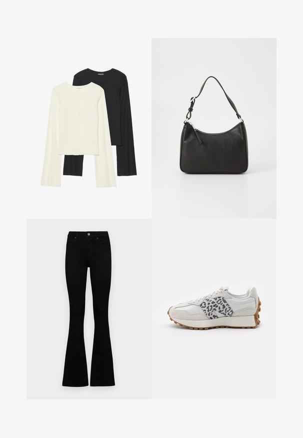 Set of two long-sleeve tops in white and black. Ribbed texture, round neck, fitted design with slightly flared sleeves.; Black high-waist jeans with a button and zip closure, front pockets, and flared legs laid flat on a white background.; White sneaker with grey leopard print accents, suede and leather materials, textured sole with gum rubber outsole, round toe, and lace-up design.; Black leather handbag with a curved shape, a single strap, zip closure, and subtle branding on the front. Smooth texture, minimalist design.