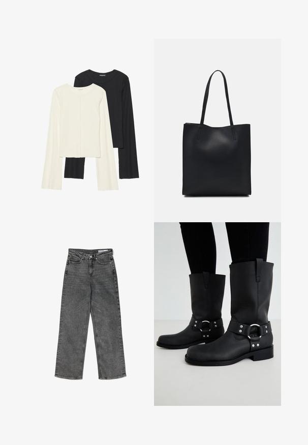 Souprava dvou dlouhých rukávů v bílé a černé barvě. Hladká textura, kulatý výstřih, upnutý střih s mírně rozšířenými rukávy.; Černé vysoké pouzdrové džíny s rovnými nohavicemi, s předními kapsami, poutky na opasek, zapínáním na knoflík a značkovou štítkem na vnitřním pásku.; ONLY SHOES ONLBAX - Kovbojské/motorkářské kozačky - black; Černá kožená taška přes rameno s hladkým povrchem, obdélníkovým tvarem a dvěma dlouhými uchy. Žádné viditelné kování ani ozdoby.