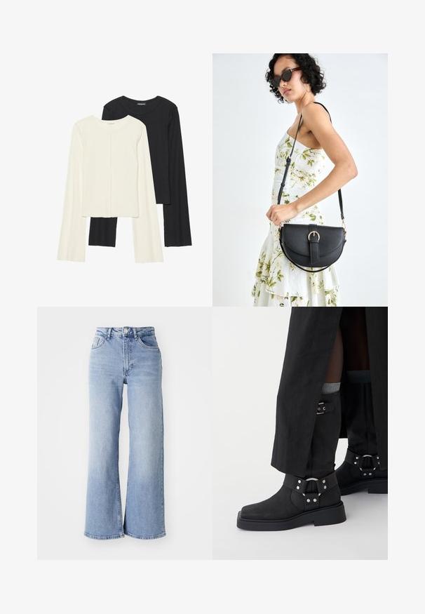 Nabor dveh dolgih rokavov v beli in črni barvi. Žameten vzorec, okrogla ovratnica, prilegajoča zasnova z rahlo razširjenimi rokavi.; Svijetloplave traperice visokog struka, širokih nogavica, s prednjim i stražnjim džepovima, kopčanjem na dugme i suptilnim izblješnjenjem na bedrima i rubovima.; Črne gležnjarje iz usnja z mat finišem, kvadratnim nosom in dekorativnimi sponkami. Podplat je masiven in teksturiran.; Črna usnjena torbica s ukrivljeno obliko, z odstranljivo naramnico in zlatimi dodatki. Torbica ima pokrov s podrobnostmi v obliki zaponke.