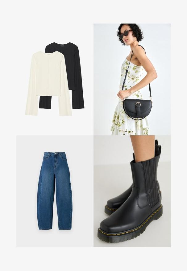 Conjunto de duas blusas de manga longa em branco e preto. Textura canelada, decote redondo, design ajustado com mangas ligeiramente evasê.; Denim jeans em um tom de azul médio, apresentando uma cintura alta, corte largo e design padrão de cinco bolsos com detalhes de costura visíveis.; Botas de tornozelo pretas com um acabamento suave e mate. Apresentam costura vertical, uma sola robusta com costura amarela e uma alça na parte de trás.; Bolsa de couro preta com forma curva, alça destacável e detalhes em dourado. A bolsa possui uma aba com detalhe de fivela.