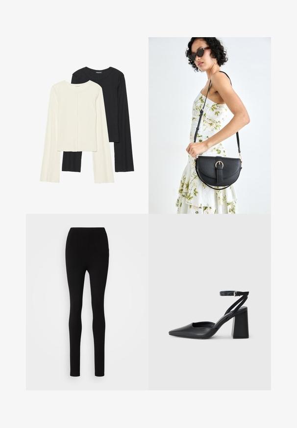 Kaksi pitkähihainen puseroa valkoisena ja mustana. Varren neulos, pyöreä kaulus, tiukka malli, jossa on hieman levenevät hihat.; Musta trikoot, joissa on kapea istuvuus, korkeaverkkoinen vyötärö ja sileä kangas. Ei näkyviä saumoja tai kuvioita, yksinkertainen ja minimalistinen muotoilu.; Mustat nahkakengät, joissa on kapea kärki, nilkkaremmi ja paksu korko. Tasainen pinta, tyylikäs muotoilu ja minimalistinen estetiikka.; Musta nahkainen käsilaukku, joka on kaareva muotoilultaan, irrotettavalla hihnalla ja kultaisilla yksityiskohdilla. Laukussa on läppä, jossa on solk yksityiskohta.