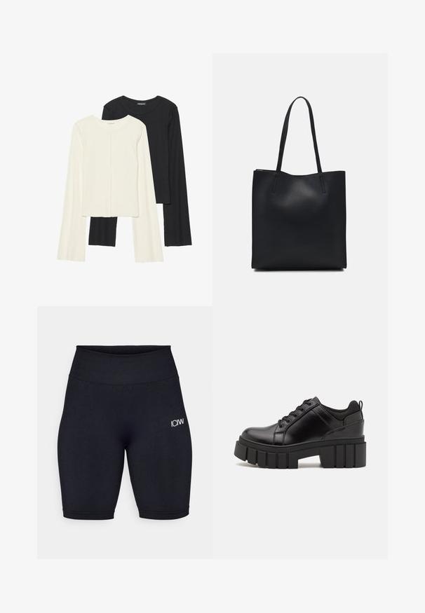 Set od dvije duge majice s dugim rukavima u bijeloj i crnoj boji. Rebrasta tekstura, okrugli izrez, uski kroj s blago raširenim rukavima.; Crne biciklističke hlače od rastezljivog materijala s visokim pojasom. Imaju mali bijeli logo na lijevom bedru i glatku teksturu.; Crne kožne platforme s debelim blok-peta, okruglim prstima i klasičnim dizajnom vezanja. Imaju gladak tekstur i minimalne detalje.; Crna kožna torba za nošenje s glatkom teksturom, pravokutnim oblikom i dvije duge ručke. Nema vidljivih metalnih dijelova ili ukrasa.