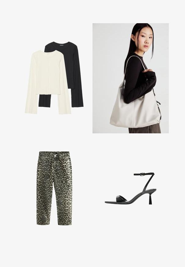 Set aus zwei Langarmoberteilen in Weiß und Schwarz. Rippstruktur, Rundhalsausschnitt, figurbetontes Design mit leicht ausgestellten Ärmeln.; Jeans aus Denim im Leopardenmuster mit hoher Taille, geradem Bein, ausgestattet mit dunklen und hellen Beigetönen, Fünf-Taschen-Design und Metallbeschlägen.; Bershka High Heel Sandalette - black; Beige Handtasche aus weichem Material, mit einem lässigen Design, gesteppten Details und zwei Schulterriemen. Geeignet für den täglichen Gebrauch.