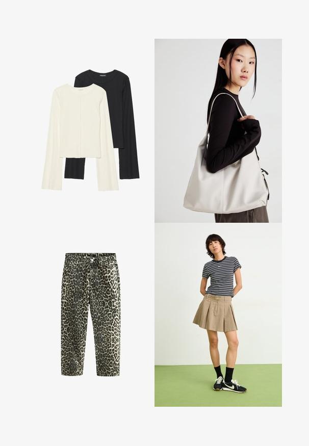 Két darabból álló hosszú ujjú felsők szettje fehér és fekete színben. Bordás textúra, kerek nyakkivágás, testhez simuló fazon, enyhén bővülő ujjakkal.; Leopárdmintás farmernadrág magas derékkal, egyenes szabású dizájn, sötét és világos bézs mintákkal, öt zsebbel és fémszerelvényekkel.; Csíkos fekete-fehér póló, bézs pliszírozott szoknya, fekete tornacipők fehér részletekkel, fekete tornaz sockszal viselve.; Puha anyagból készült bézs kézitáska, laza dizájnnal, varrott részletekkel és két vállpánttal. Mindennapi használatra alkalmas.