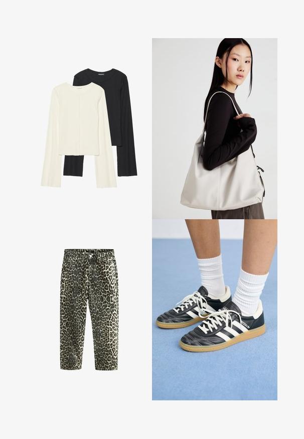 Ensemble de deux hauts à manches longues en blanc et noir. Texture côtelée, col rond, design ajusté avec des manches légèrement évasées.; Jean en denim imprimé léopard avec une taille haute, coupe droite, motifs beiges foncés et clairs, style à cinq poches, et quincaillerie en métal.; Sneakers en cuir noir avec des rayures blanches, bout rond, lacets blancs et semelle en caoutchouc beige. Accentué par un col rembourré et des détails de marque.; Sac à main beige en matériau souple, avec un design décontracté, des détails cousus et deux poignées. Idéal pour un usage quotidien.