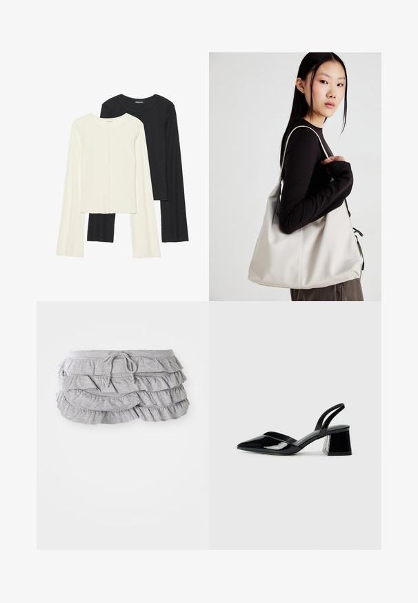 Set of two long-sleeve tops in white and black. Ribbed texture, round neck, fitted design with slightly flared sleeves.; Gray ruffled skirt with layered fabric design, drawstring waistband, soft texture, finished edges, and cascading ruffles.; Black patent leather slingback heels with a pointed toe and a geometric block heel. Features a sleek, minimal design and smooth texture.; Beige handbag made of soft material, featuring a slouchy design, stitched detailing, and two shoulder straps. Suitable for everyday use.
