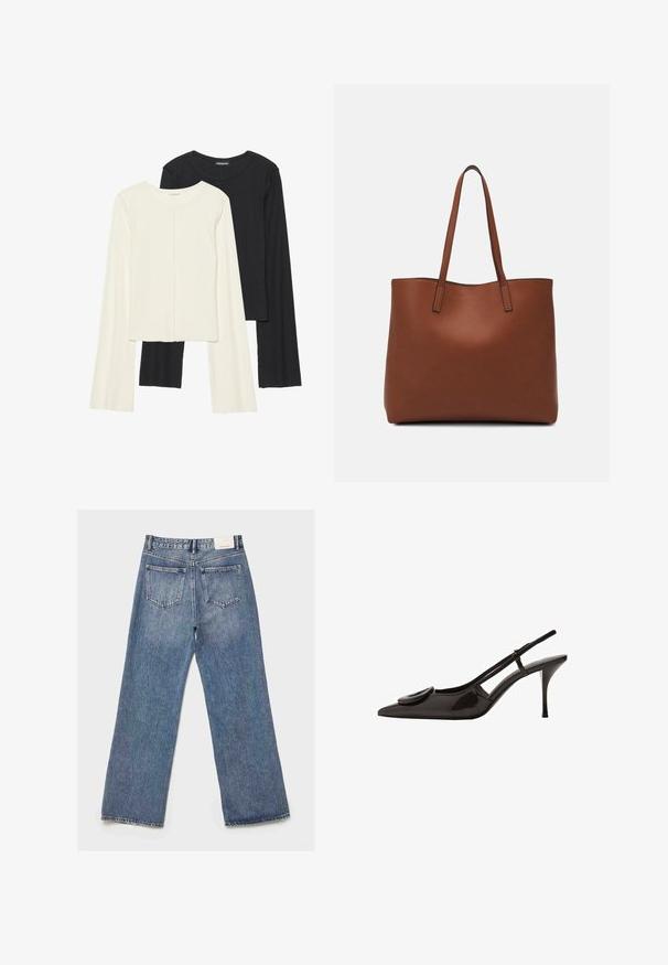 Set od dvije duge majice s dugim rukavima u bijeloj i crnoj boji. Rebrasta tekstura, okrugli izrez, uski kroj s blago raširenim rukavima.; Svijetloplave traperice s opuštenim, širokim nogavicama. Dva stražnja džepa, izblijedjela tekstura i etiketa na pojasu pozadi.; Crne lakirane slingback cipele s oštrim vrhom, minimalističkim dizajnom, malim okruglim akcentom na prednjem dijelu i uskim potpeticama.; Smeđa kožna torba preko ramena s glatkom teksturom, otvorenim vrhom i dvjema naramenicama. Ima minimalne šavove i nema vidljivog hardvera.