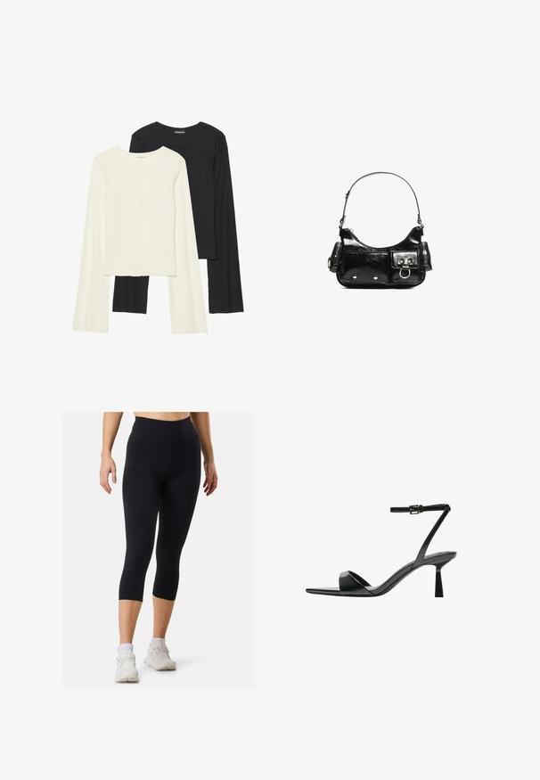 Set di due maglie a maniche lunghe, bianche e nere. Texture a coste, scollo tondo, design aderente con maniche leggermente svasate.; Leggings atletici neri con vita alta e lunghezza cropped, realizzati in tessuto morbido, abbinati a sneakers bianche e calzini di lunghezza normale.; Bershka Sandali con tacco - black; Borsa a spalla in vernice nera con forma curvata, una tracolla, tasche frontali e dettagli in metallo argentato.