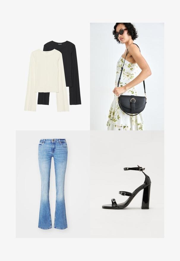 Conjunto de duas blusas de manga longa em branco e preto. Textura canelada, decote redondo, design ajustado com mangas ligeiramente evasê.; Jeans de flare azul-claro com um efeito desgastado, apresentando um fecho de botão, cinco bolsos e um corte reto da cintura até as bainhas largas.; Sandálias pretas de verniz com salto alto, duas fivelas, biqueira quadrada e salto largo, apresentando uma textura lisa e brilhante.; Bolsa de couro preta com forma curva, alça destacável e detalhes em dourado. A bolsa possui uma aba com detalhe de fivela.
