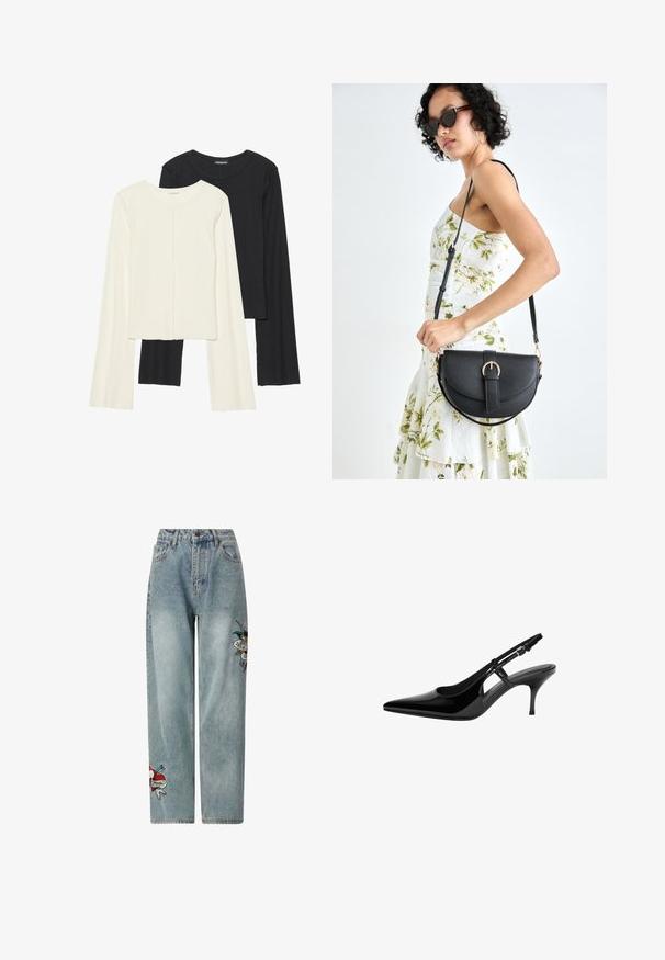 Kaksi pitkähihainen puseroa valkoisena ja mustana. Varren neulos, pyöreä kaulus, tiukka malli, jossa on hieman levenevät hihat.; Vaaleansiniset farkut, joissa on korkea vyötärö, löysä istuvuus ja edessä punaiset sydän- ja tsirpaukkuompelukset.; Musta lakattu nahkainen slingback-korkokenkä teräväkärkisellä, avonaisilla sivurei'illä, kapealla korolla ja säädettävällä nilkkahihnalla.; Musta nahkainen käsilaukku, joka on kaareva muotoilultaan, irrotettavalla hihnalla ja kultaisilla yksityiskohdilla. Laukussa on läppä, jossa on solk yksityiskohta.