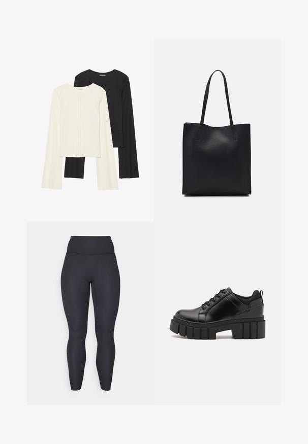 Zestaw dwóch bluzek z długim rękawem w kolorze białym i czarnym. Prążkowana struktura, okrągły dekolt, dopasowany fason z lekko rozszerzanymi rękawami.; Czarne legginsy z prążkowanego materiału, z wysokim stanem, dopasowanym kroju, gładką teksturą i pełną długością. Posiadają szeroki pas dla lepszego wsparcia.; Czarne skórzane buty na platformie z masywnym słupkowym obcasem, okrągłym noskiem i klasycznym sznurowaniem. Posiadają gładką teksturę i minimalne wykończenia.; Czarna skórzana torba tote o gładkiej fakturze, prostokątnym kształcie i dwóch długich uchwytach. Brak widocznych elementów metalowych i ozdób.