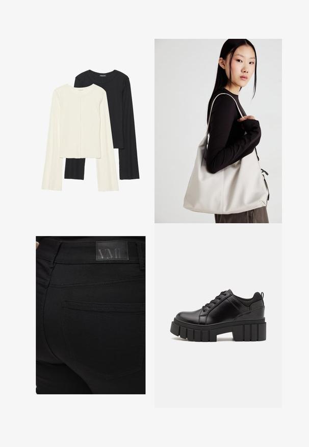 Set aus zwei Langarmoberteilen in Weiß und Schwarz. Rippstruktur, Rundhalsausschnitt, figurbetontes Design mit leicht ausgestellten Ärmeln.; Schwarze Skinny-Jeans mit glatter Textur. Mit einem VMD-Logo-Patch am Bund, Detail der Gesäßtasche und eng anliegendem Design.; Schwarze Lederplateauschuhe mit klobigem Blockabsatz, runder Zehenpartie und traditionellem Schnürdesign. Verfügt über eine glatte Textur und minimale Details.; Beige Handtasche aus weichem Material, mit einem lässigen Design, gesteppten Details und zwei Schulterriemen. Geeignet für den täglichen Gebrauch.