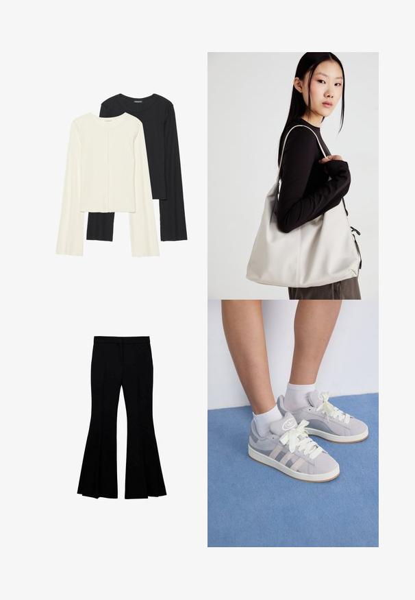 Nabor dveh dolgih rokavov v beli in črni barvi. Žameten vzorec, okrogla ovratnica, prilegajoča zasnova z rahlo razširjenimi rokavi.; Črne široke hlače iz gladkega materiala, z oprijetim pasom, širokimi odprtinami za noge in diskretnimi detajli od kolena do roba.; Sive športne copate iz zamšene kože z belimi vezalkami in gumijastim podplatom, ki imajo tri diagonalne črte ob strani in logotip na ježku.; Bežna torbica iz mehkega materiala, z ohlapno zasnovo, šivi in dvema naramnicama. Primerna za vsakodnevno uporabo.