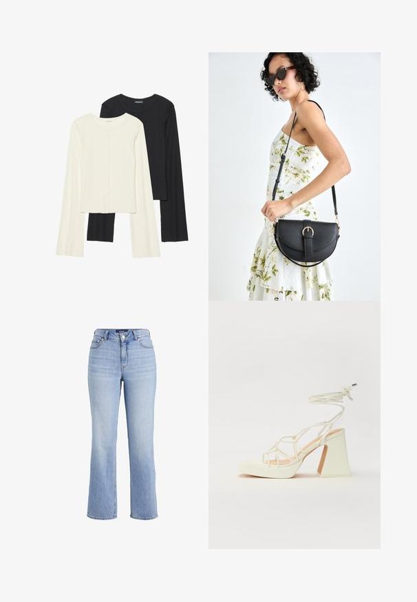 Souprava dvou dlouhých rukávů v bílé a černé barvě. Hladká textura, kulatý výstřih, upnutý střih s mírně rozšířenými rukávy.; Světle modré džíny s vysokým pasem vyrobené z denimu, s rovnými nohavicemi, klasickým pětivreckovým designem a zapínáním na knoflík.; Bílé sandály na vysokém podpatku s robustním podpatkem, s designem s pásky a zavazováním kolem kotníku. Hladký povrch s platformou vpředu pro zvýšení výšky.; Černá kožená kabelka s křivkovým tvarem, odnímatelným popruhem a zlatými detaily. Kabelka má klopu s přezkou.