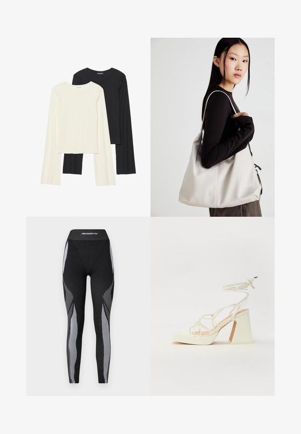 Set of two long-sleeve tops in white and black. Ribbed texture, round neck, fitted design with slightly flared sleeves.; Black athletic leggings featuring a high waistband, textured material, and contrasting grey mesh panels with striped and dotted patterns.; White high-heeled sandal with a chunky heel, featuring a strappy design and ankle tie. Smooth texture with a platform front for added height.; Beige handbag made of soft material, featuring a slouchy design, stitched detailing, and two shoulder straps. Suitable for everyday use.