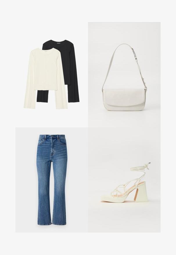 Ensemble de deux hauts à manches longues en blanc et noir. Texture côtelée, col rond, design ajusté avec des manches légèrement évasées.; Jean flare en denim bleu clair avec taille haute, cinq poches et un léger délavage. Présente des coutures dorées et une fermeture à bouton.; Sandale blanche à talons hauts avec un talon épais, présentant un design à lanières et un lien autour de la cheville. Texture lisse avec une plateforme à l'avant pour une hauteur supplémentaire.; Sac à épaule en cuir blanc avec une finition lisse, de forme rectangulaire, fermeture à rabat et une bandoulière réglable. Détails de couture simples.