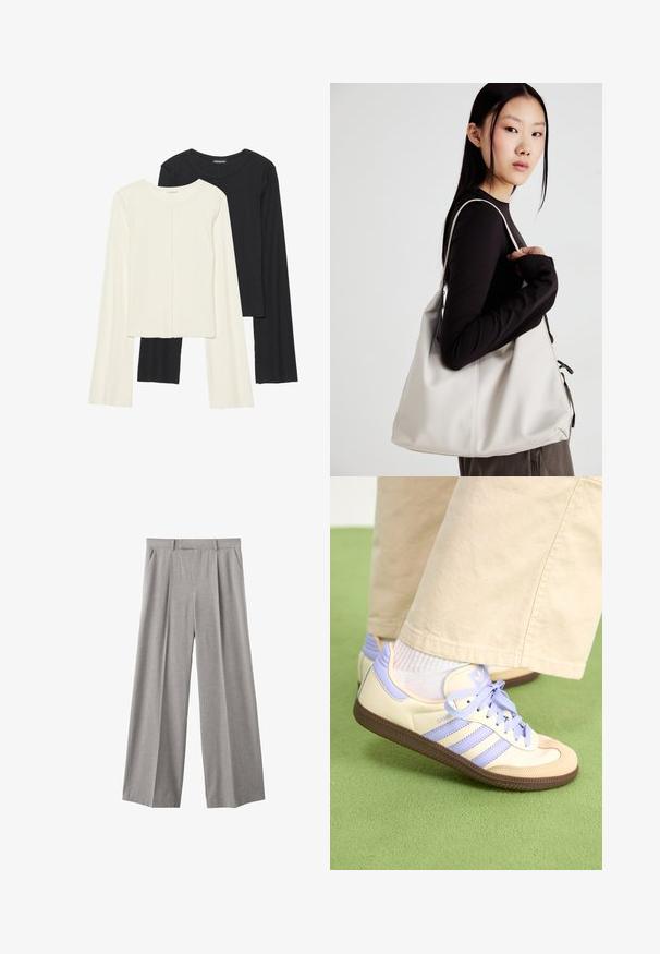 Set of two long-sleeve tops in white and black. Ribbed texture, round neck, fitted design with slightly flared sleeves.; Light gray wide-leg trousers made from a woven fabric. Features front pleats, a fitted waistband, and side pockets.; Cream and lavender sneakers with three stripes and a textured brown sole, featuring laces and a padded heel. Soft fabric upper.; Beige handbag made of soft material, featuring a slouchy design, stitched detailing, and two shoulder straps. Suitable for everyday use.