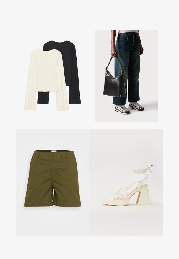 Set od dvije duge majice s dugim rukavima u bijeloj i crnoj boji. Rebrasta tekstura, okrugli izrez, uski kroj s blago raširenim rukavima.; Maslinasto zeleni šortsovi napravljeni od laganog materijala, s klasičnim krojem, ravnim rubom i prednjim džepovima. Ravni pojas s petljama.; Bijela sandala na visokoj potpetici s debelim petom, s remenom i vezanjem oko gležnja. Glatka tekstura s platformom sprijeda za dodatnu visinu.; Crna kožna torba za rame s glatkom teksturom i podešivim remenom, u kombinaciji s izblijedjelim širokim trapericama i sportskim tenisicama.