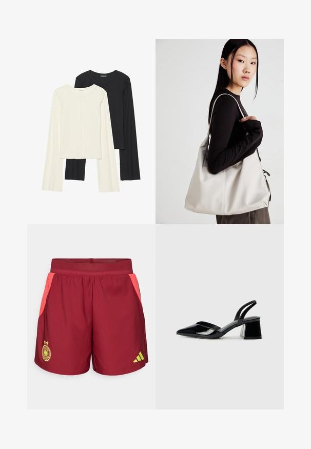 Set van twee longsleeve tops in wit en zwart. Geribbelde textuur, ronde hals, aansluitend ontwerp met licht uitlopende mouwen.; Bordeaux sportshorts met roze mesh-zijpanelen, elastische tailleband en gele Adidas-logo. Bevat drie sterren en een rond embleem.; Zwarte gepatineerde leren slingback hakken met een spitse neus en een geometrische blokhak. Kenmerkt zich door een slank, minimalistisch ontwerp en een gladde textuur.; Beige handtas gemaakt van zacht materiaal, met een slonzig ontwerp, gestikte details en twee schouderbanden. Geschikt voor dagelijks gebruik.