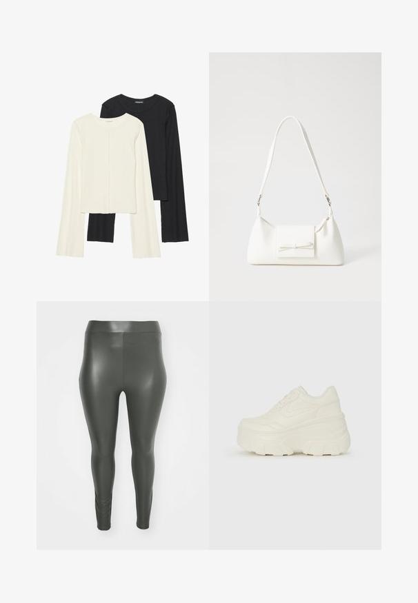 Σέτ δύο μακρυμάνικων μπλουζών σε λευκό και μαύρο. Ριπ υφή, στρογγυλή λαιμόκοψη, εφαρμοστή γραμμή με ελαφρώς φαρδιές μανίκες.; Υψηλής μέσης, εφαρμοστά κολάν σε σκούρο πράσινο, φτιαγμένα από ένα γυαλιστερό, ελαστικό υλικό. Λείος υφή χωρίς τσέπες ή πρόσθετες λεπτομέρειες.; Λευκά αθλητικά παπούτσια με πλατφόρμα, διαθέτουν λείο επάνω μέρος που μοιάζει με δέρμα, στρογγυλή σιλουέτα, επενδυμένο κολάρο και υφασμένο καουτσούκ σόλα με καθορισμένα μοτίβα.; Λευκή συνθετική τσάντα σε τριγωνικό σχήμα, με επίπεδη μπροστινή καπάκι και λεπτομέρεια φιόγκου, ρυθμιζόμενο λουράκι, απαλή υφή και μινιμαλιστικό σχέδιο.