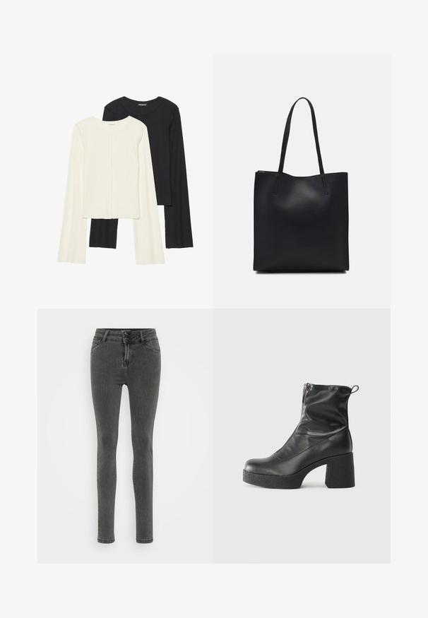 Set od dvije duge majice s dugim rukavima u bijeloj i crnoj boji. Rebrasta tekstura, okrugli izrez, uski kroj s blago raširenim rukavima.; Mršave sive traperice od denima, s visokim strukom, zatvaranjem na dva gumba i minimalnim detaljima šivanja za elegantan izgled.; Crne gležnjače od glatke kože, s bočnim zatvaračem, debelim teksturiranim potplatom i dizajnom s zaobljenim prstima.; Crna kožna torba za nošenje s glatkom teksturom, pravokutnim oblikom i dvije duge ručke. Nema vidljivih metalnih dijelova ili ukrasa.