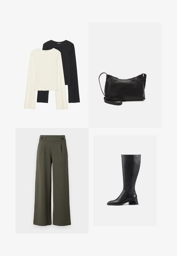 Conjunto de duas blusas de manga longa em branco e preto. Textura canelada, decote redondo, design ajustado com mangas ligeiramente evasê.; Calças largas em verde-azeitona, feitas de tecido suave; apresentam dois botões pretos na cintura e pregas frontais para um detalhe adicional.; Bota de couro preta até ao joelho, com bico redondo e salto baixo, em bloco. Apresenta uma textura suave e detalhes de costura mínimos.; Bolsa de ombro em pele preta com textura suave, forma curva, alça ajustável e fecho com zip. Design minimalista sem adornos.