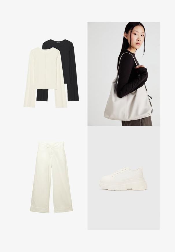 Set of two long-sleeve tops in white and black. Ribbed texture, round neck, fitted design with slightly flared sleeves.; Wide-leg trousers in soft, cream fabric. Features a flat front waistband and rolled cuffs. Smooth texture with a clean, minimalist design.; White canvas sneaker with a chunky sole, rounded toe, and five eyelets for laces. Back tab for easy wear. Smooth texture, minimalist design.; Beige handbag made of soft material, featuring a slouchy design, stitched detailing, and two shoulder straps. Suitable for everyday use.
