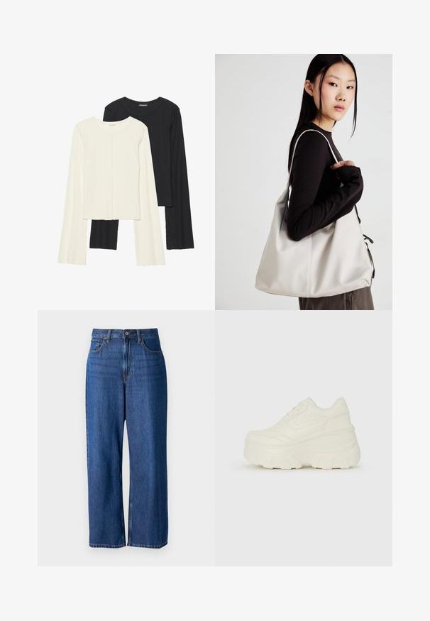 Két darabból álló hosszú ujjú felsők szettje fehér és fekete színben. Bordás textúra, kerek nyakkivágás, testhez simuló fazon, enyhén bővülő ujjakkal.; Sötétkék denim széles lábú farmer, magas derékkal, öt zsebbel, gombos záródással és jól látható varrásokkal az összes varraton.; Fehér platform sportcipők, sima bőrszerű felsőrésszel, kerek formával, párnázott bokával és texturált gumitalppal, jól definiált mintázattal.; Puha anyagból készült bézs kézitáska, laza dizájnnal, varrott részletekkel és két vállpánttal. Mindennapi használatra alkalmas.