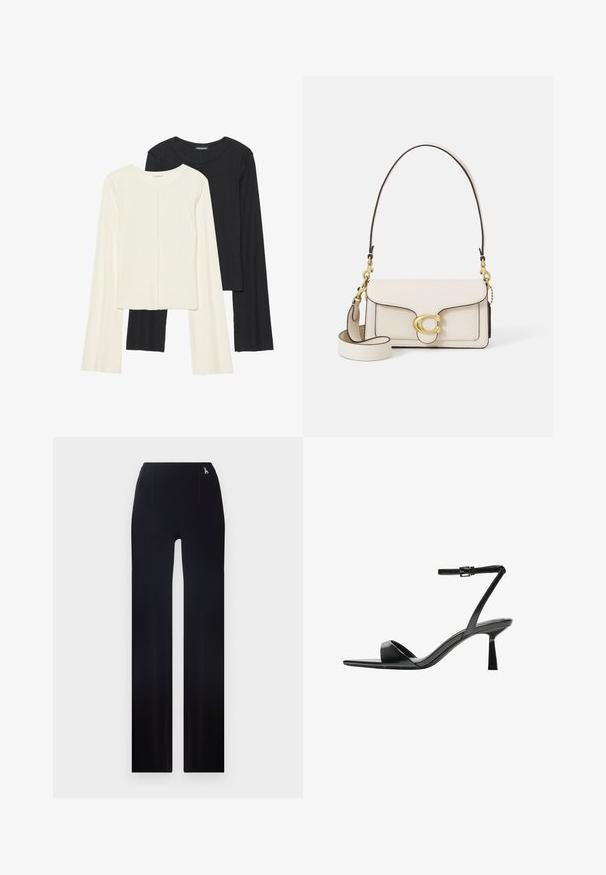 Két darabból álló hosszú ujjú felsők szettje fehér és fekete színben. Bordás textúra, kerek nyakkivágás, testhez simuló fazon, enyhén bővülő ujjakkal.; Fekete egyenes szárú nadrág, magas derekú, diszkrét elülső redőkkel, sima textúrával és fémes logóval a derékpánt közelében.; Bershka Magas sarkú szandálok - black; Krém színű bőrtáska strukturált kivitelben, kontrasztos fekete élekkel, arany hardware-rel, és egy levehető pánttal, amelyen a jellegzetes logó található.