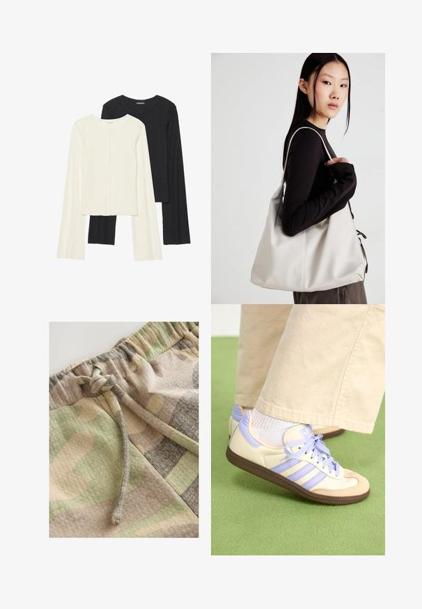 Set of two long-sleeve tops in white and black. Ribbed texture, round neck, fitted design with slightly flared sleeves.; Camo-patterned shorts with a mix of green, beige, and gray hues. Features an elastic waistband and drawstring for adjustable fit.; Cream and lavender sneakers with three stripes and a textured brown sole, featuring laces and a padded heel. Soft fabric upper.; Beige handbag made of soft material, featuring a slouchy design, stitched detailing, and two shoulder straps. Suitable for everyday use.