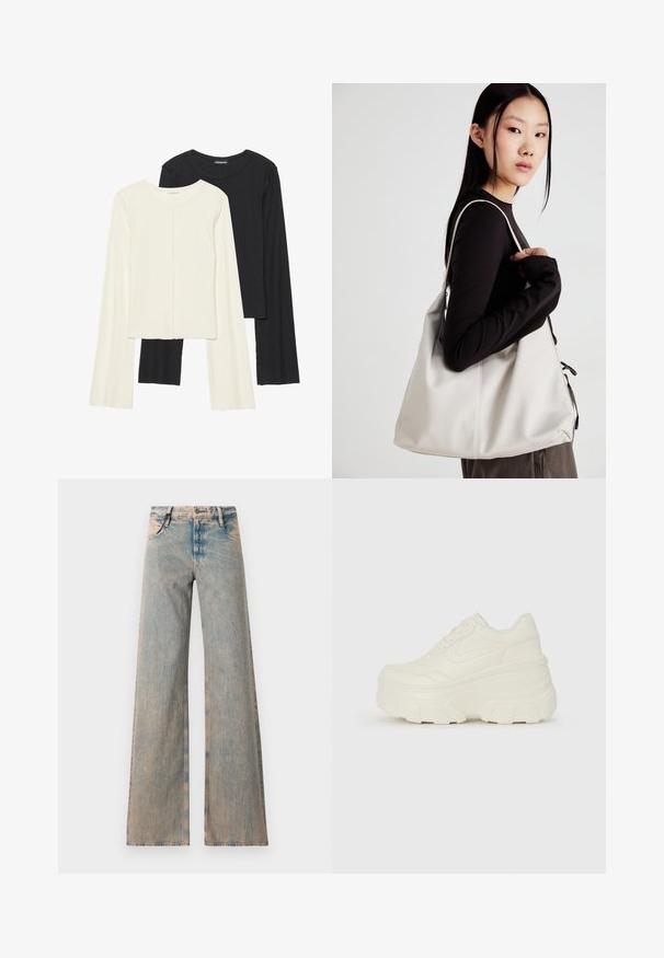 Set of two long-sleeve tops in white and black. Ribbed texture, round neck, fitted design with slightly flared sleeves.; Light blue wide-leg jeans with a faded texture, featuring a five-pocket design and belt loops, crafted from denim fabric.; White platform sneakers featuring a smooth leather-like upper, rounded shape, padded collar, and textured rubber sole with defined treads.; Beige handbag made of soft material, featuring a slouchy design, stitched detailing, and two shoulder straps. Suitable for everyday use.