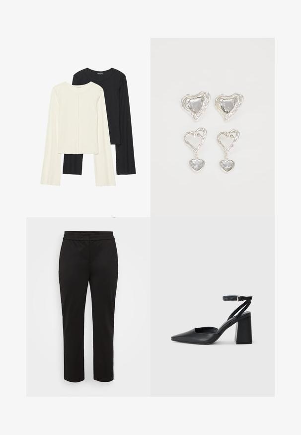Súprava dvoch dlhých rukávov v bielej a čiernej farbe. Žebrovaná textúra, okrúhly výstrih, priliehavý strih s mierne rozšírenými rukávmi.; Čierne nohavice vyrobené z hladkej, elastickej látky. Majú široký, plochý pás a rovný strih bez viditeľných vreciek.; Čierne kožené lodičky s špicatou špičkou a členkovým remienkom, s masívnym podpätkom. Hladký povrch, elegantný dizajn a minimalistická estetika.; Strieborné náušnice v tvare srdca sú zdobené facetovanými čírymi kameňmi s textúrovaným rámom. Sada obsahuje štýly so zapichovaním a visiacich náušníc.