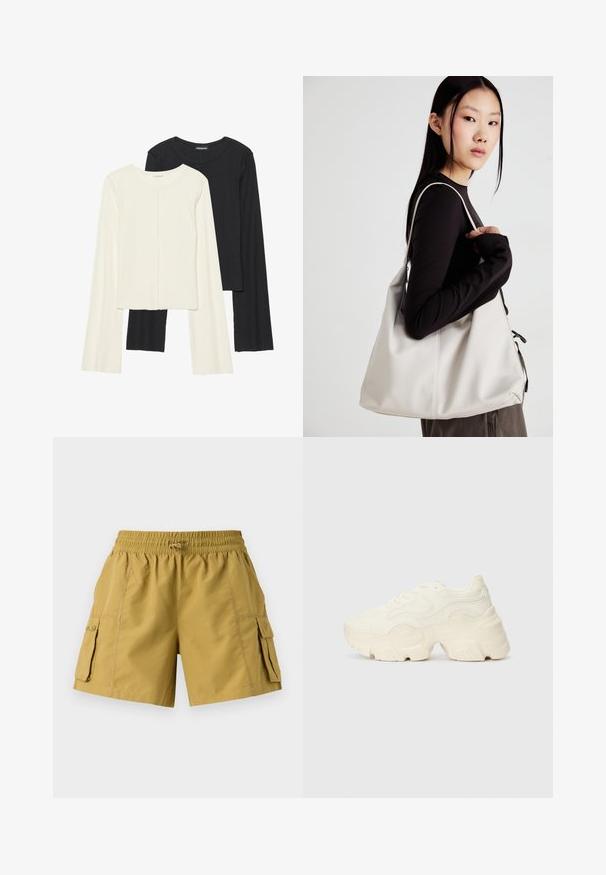 Divu garo piedurkņu tops komplekts baltā un melnā krāsā. Ribota tekstūra, apaļš kakls, pieguļoša dizaina ar nedaudz izplestām piedurknēm.; Kaki krāsu kargo šorti ar elastīgu jostas joslu, auklu un divām sānu kabatām. Izgatavoti no viegla auduma ar gludu tekstūru.; Masīvi balti sportisti, kas izgatavoti no strukturēta sieta un sintētiskajiem materiāliem, ar biezu zoli un sarežģītām rakstu detaļām gar sāniem.; Bežs rokassoma, izgatavota no mīksta materiāla, ar brīvu dizainu, izšūtu apdari un divām plecu siksnām. Piemērota ikdienas lietošanai.