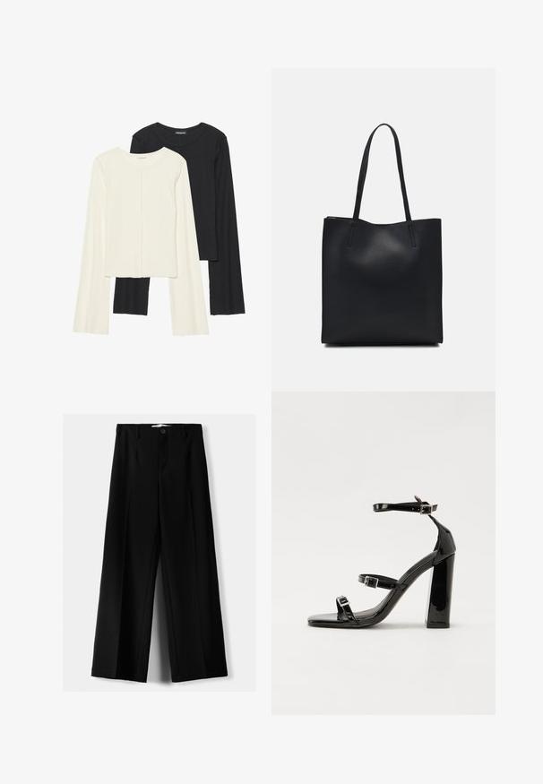Set od dvije duge majice s dugim rukavima u bijeloj i crnoj boji. Rebrasta tekstura, okrugli izrez, uski kroj s blago raširenim rukavima.; Crne široke hlače izrađene od lagane tkanine, s prednjim zatvaranjem na dugme i ravnim prednjim dijelom, sa uredno šivenim rubovima.; Crne lakirane sandale na visoku petu s dva remena s kopčama, kvadratnim vrhom i masivnom blok petom, s glatkom, sjajnom teksturom.; Crna kožna torba za nošenje s glatkom teksturom, pravokutnim oblikom i dvije duge ručke. Nema vidljivih metalnih dijelova ili ukrasa.