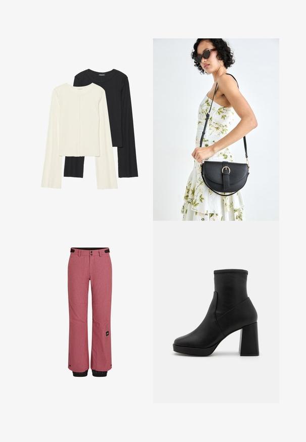 Set med två långärmade toppar i vitt och svart. Ribbade texturer, rund hals, figurnära design med något utställda ärmar.; Röda snöbyxor med texturerad yta, svarta elastiska ärmmuddar vid anklarna, framfickor och en märkesskylt på nedre vänster ben.; Svart läderankelboot med hög klack, mjuk textur och åtsittande ovandel. Har en sömlös design utan synliga fästen.; Svart läderhandväska med en böjd form, avtagbar rem och guldiga detaljer. Väskan har ett lock med en spänndetalj.