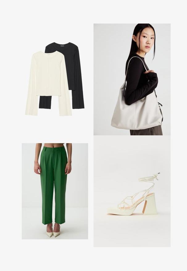 Set van twee longsleeve tops in wit en zwart. Geribbelde textuur, ronde hals, aansluitend ontwerp met licht uitlopende mouwen.; Groene, op maat gemaakte broek met een rechte pasvorm, uitgerust met een gladde textuur, verborgen voorzakken en een klassieke tailleband.; Witte hoge hakken sandaal met een chunky hak, met een bandjesontwerp en enkelband. Gladde textuur met een plateau voor extra hoogte.; Beige handtas gemaakt van zacht materiaal, met een slonzig ontwerp, gestikte details en twee schouderbanden. Geschikt voor dagelijks gebruik.