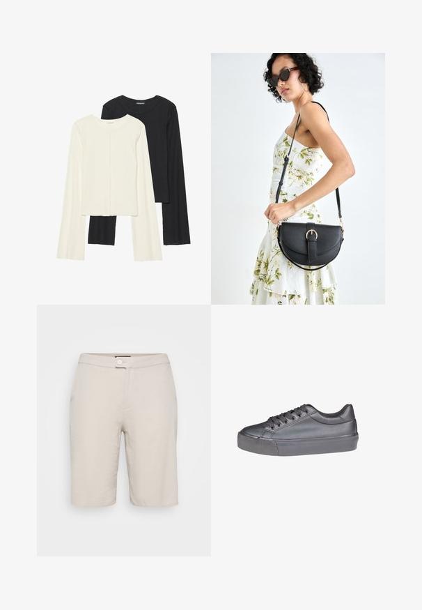 Set med två långärmade toppar i vitt och svart. Ribbade texturer, rund hals, figurnära design med något utställda ärmar.; Beiga bomullsbyxor med knappstängning, två sidofickor och rak passform. Har en mjuk textur och en enkel design.; Svarta lädersneakers med platt sula, rund tå och snörningsdesign. Slät yta med subtil ton-i-ton-sömnad och ribbade sula accenter.; Svart läderhandväska med en böjd form, avtagbar rem och guldiga detaljer. Väskan har ett lock med en spänndetalj.